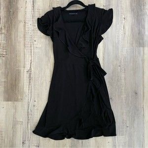 Tiana B LBD black knit wrap dress knee length ruffle trim medium tie-waist sz M